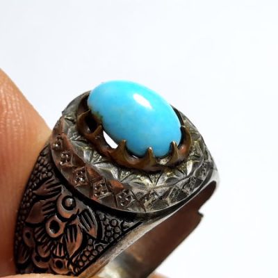 انگشتر مردانه فیروزه نیشابوری رکاب نقره قلمزنی سیدی 1